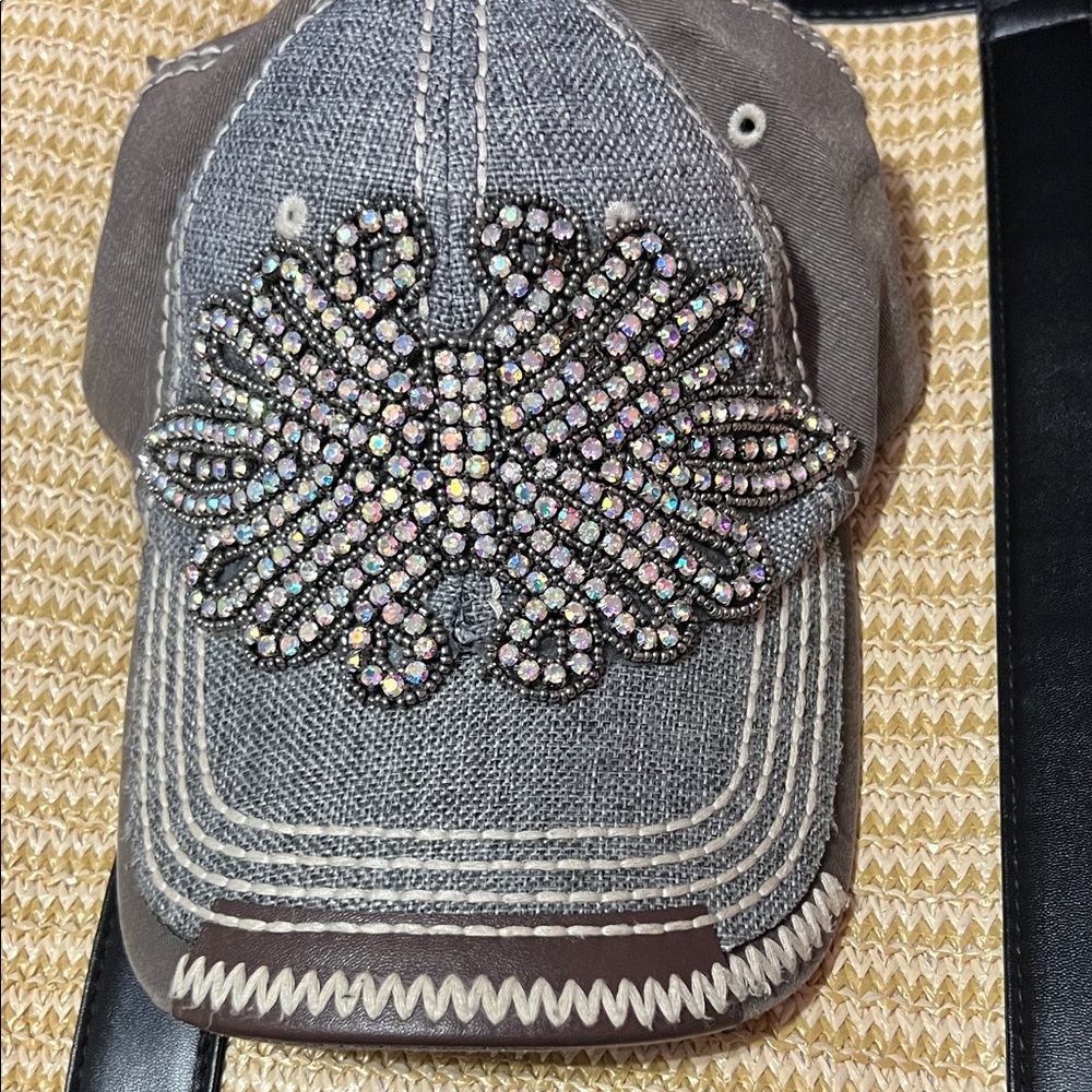 Olive & Pique Embellished Gray Rhinestone Baseball Cap
